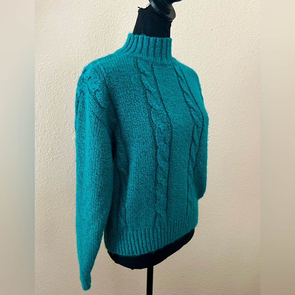 Vintage 80s TJW for Mervyn’s Women’s Turquoise Mock Neck Cable Knit Sweater SM - Picture 6 of 11
